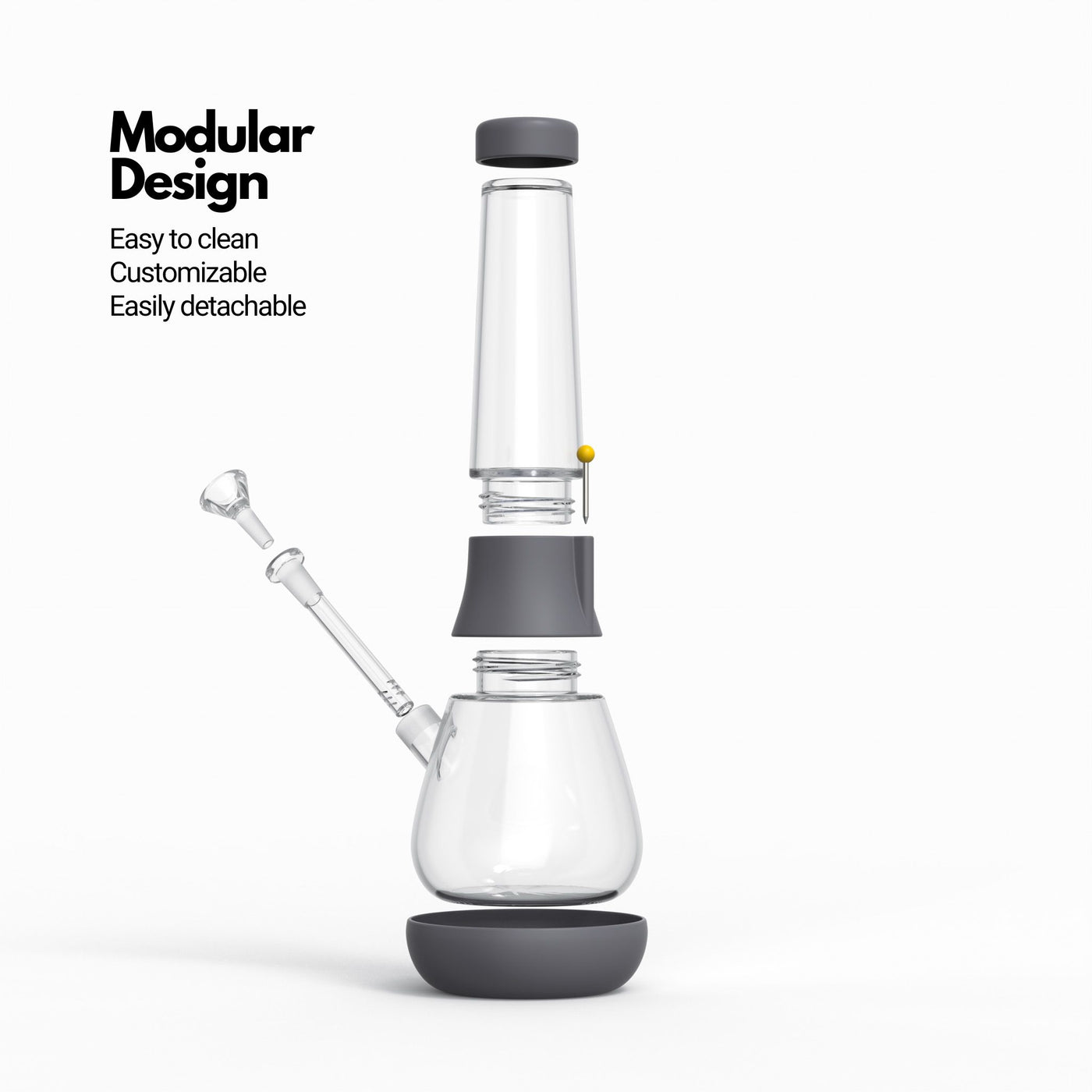 Exploded view of glass modular bong in smoke gray, highlighting the stress-free cleaning and custom bong creation features