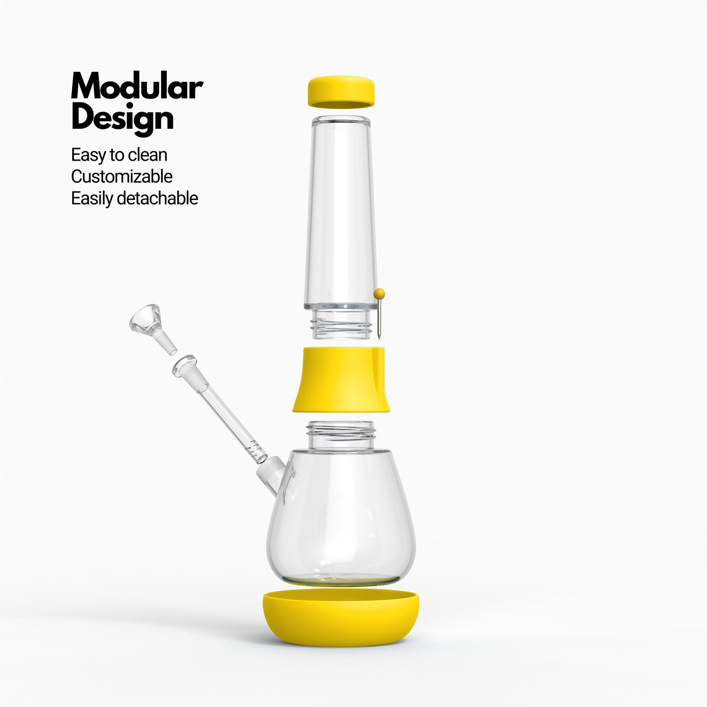 Render of a sunshine silicone and glass bong with cap, downstem, bowl, and foot dissembled 