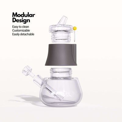 Exploded view of modular glass bubbler in smoke gray, highlighting versatility for custom bubbler creation and easy-to-clean feature.