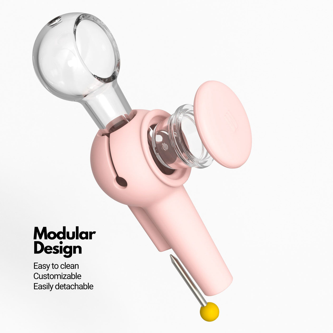 Exploded view of modular spoon pipe in baby pink, highlighting the stress-free cleaning and custom pipe creation features