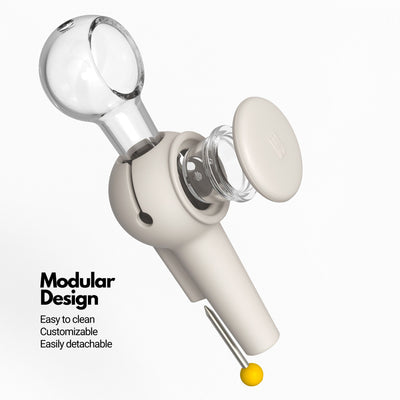 Exploded view of modular spoon pipe in cream white, highlighting the stress-free cleaning and custom pipe creation features