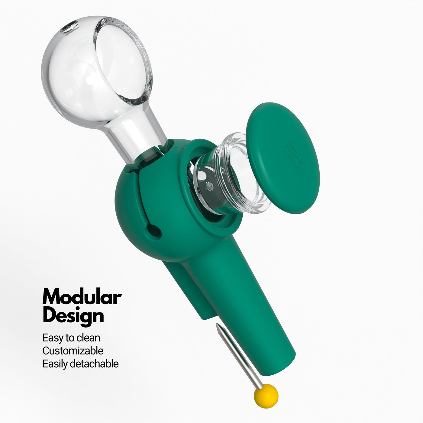 Exploded view of modular spoon pipe in forest green, highlighting the stress-free cleaning and custom pipe creation features