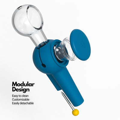 Exploded view of modular spoon pipe in midnight blue, highlighting the stress-free cleaning and custom pipe creation features