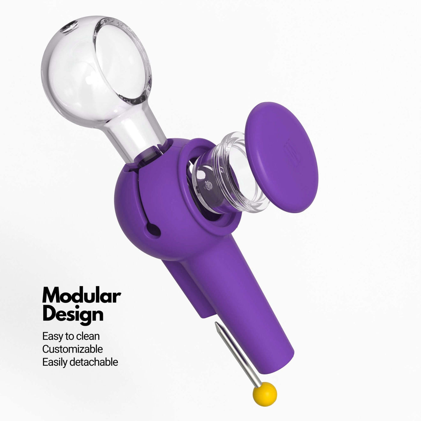 Exploded view infographic of Weeday glass spoon pipe in grape purple silicone covers, highlighting its customizable and detachable features.