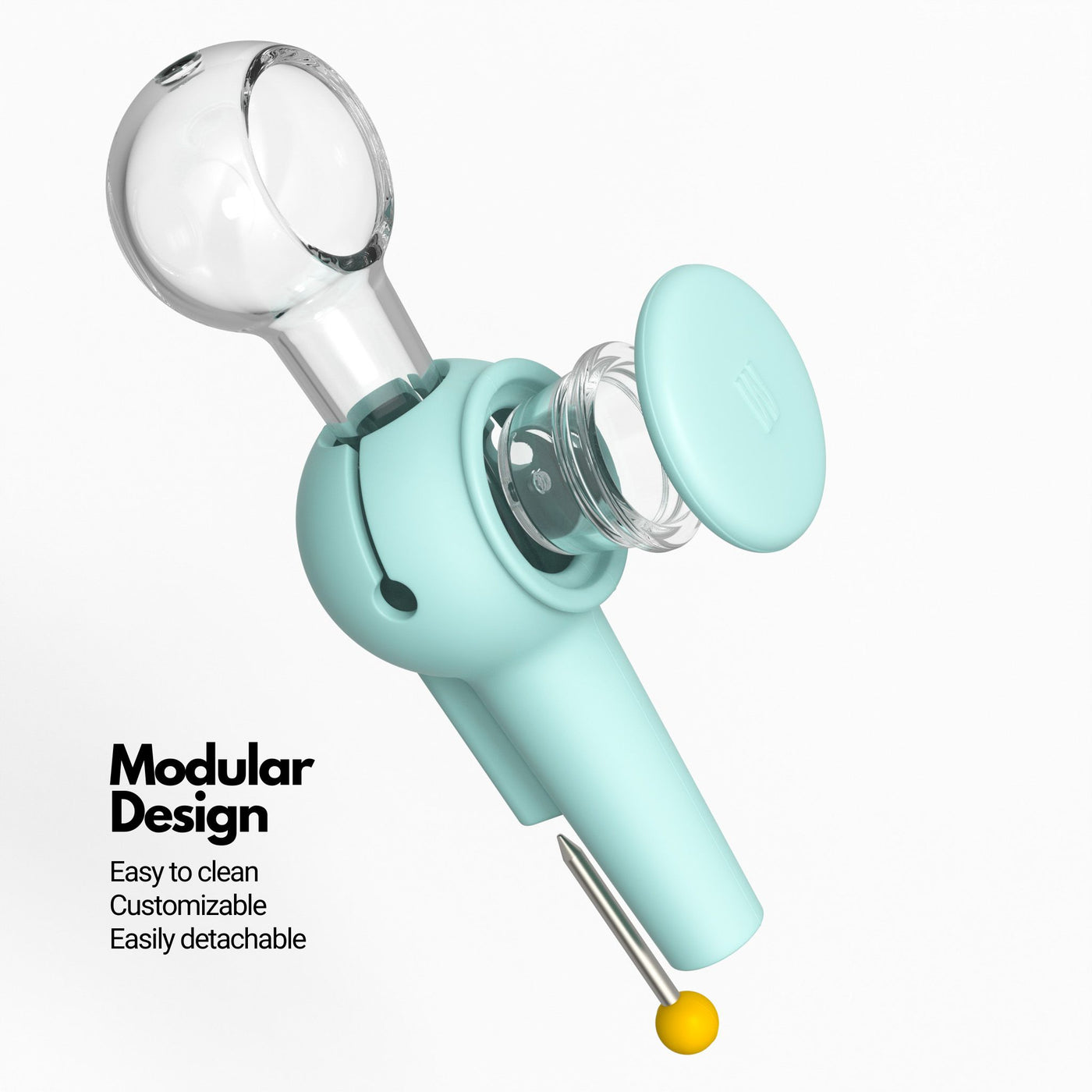 Exploded view of modular spoon pipe in sky blue, highlighting the stress-free cleaning and custom pipe creation features