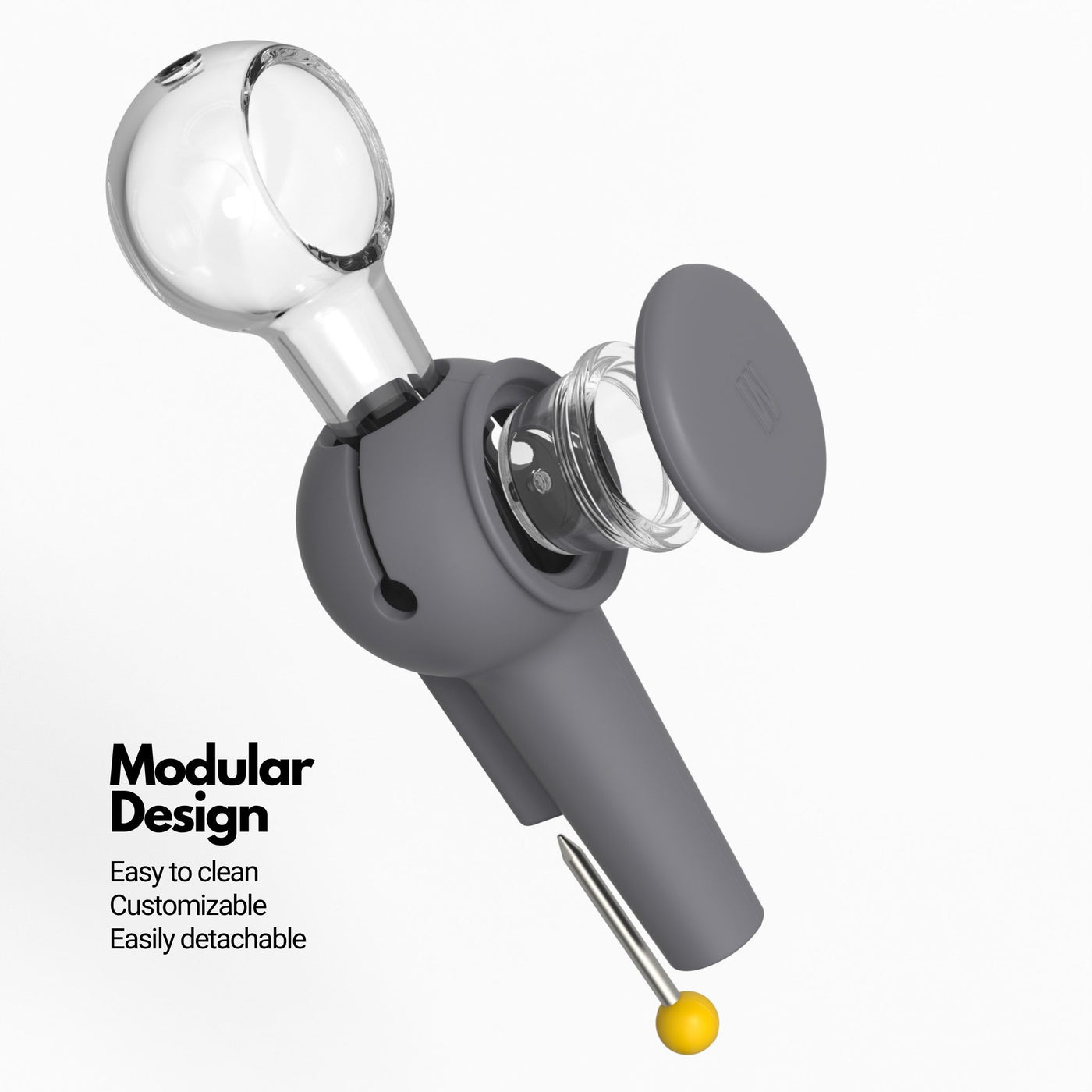 Exploded view of modular spoon pipe in smoke gray, highlighting the stress-free cleaning and custom pipe creation features