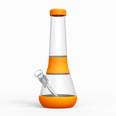 Render of a Weeday detachable glass bong with pumpkin orange silicone covers, on a white background.