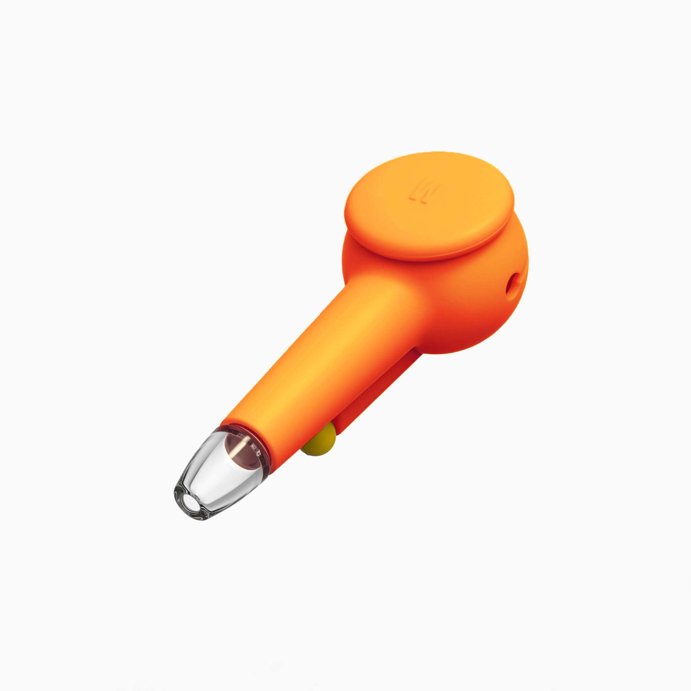 Render of a Weeday glass spoon pipe with pumpkin orange silicone covers, on a white background.