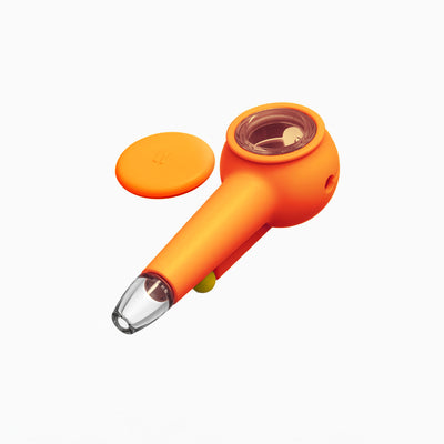 Render of pumpkin pipe with clear bowl, base, poker and cap. 