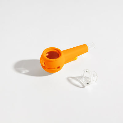 Render of pumpkin pipe with clear bowl, base, and poker. 