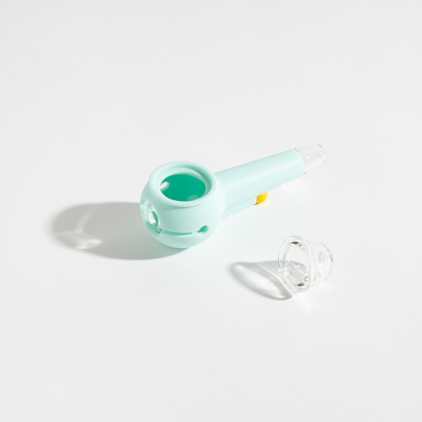 Product photo of an easy-to-clean sky blue glass pipe with separated bowl for an enjoyable smoking experience.