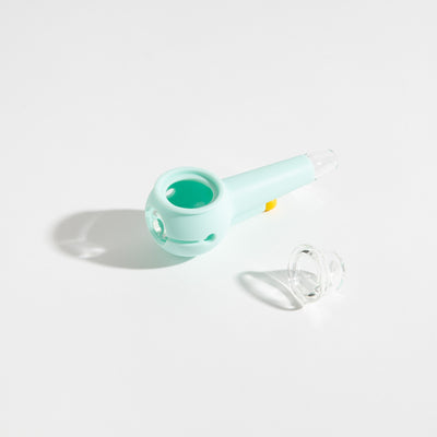 Product photo of an easy-to-clean sky blue glass pipe with separated bowl for an enjoyable smoking experience.