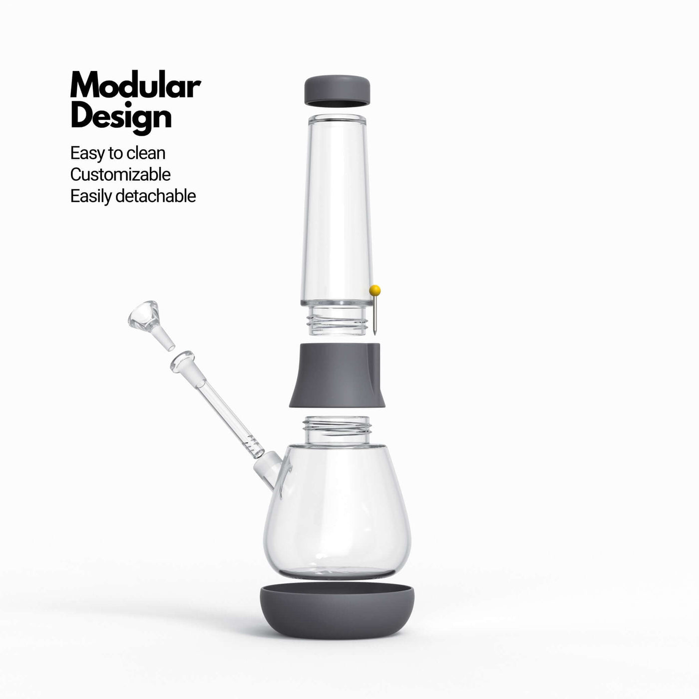 Exploded view infographic of Weeday modular bong (in smoke gray color), highlighting its customizable and detachable features.