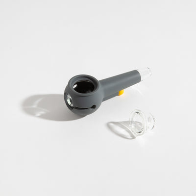 Product photo of an easy-to-clean smoke gray glass pipe with separated bowl for an enjoyable smoking experience.