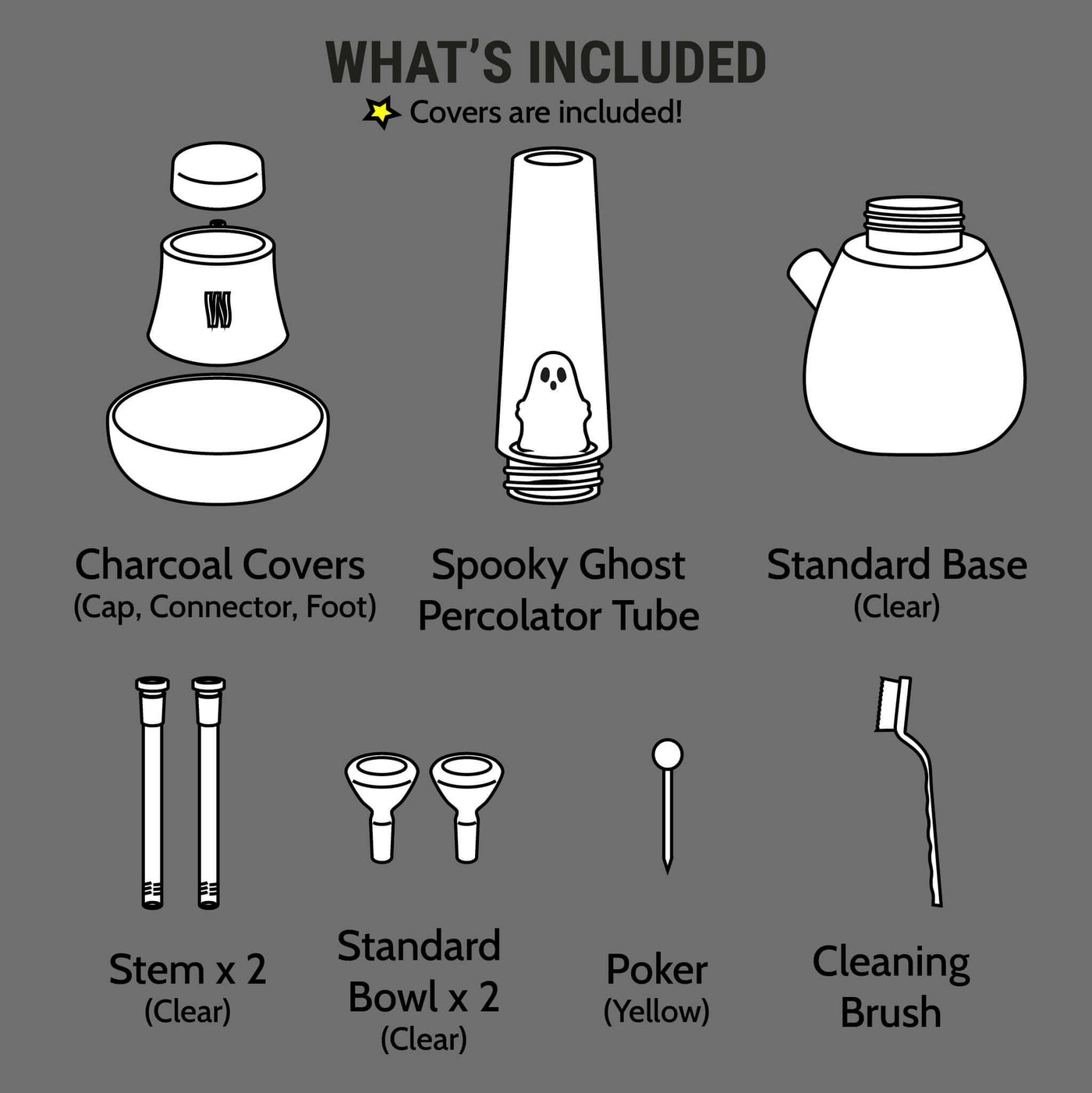 Illustration of what is included in the spooky ghost bong set 