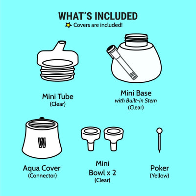 illustration of what's included in the aqua mini bong set