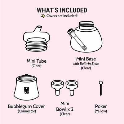 illustration of what's included in the bubble gum mini bong set