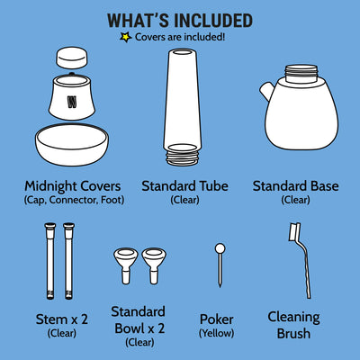 illustration of what's included in the midnight bong set 