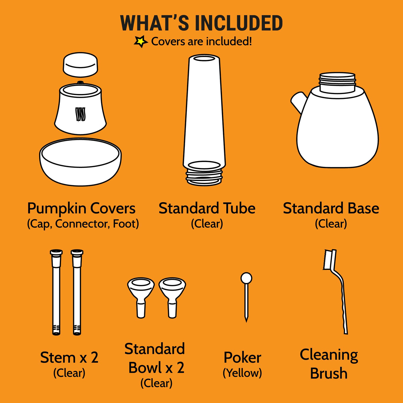 illustration of what's included in the pumpkin bong set 