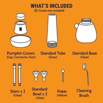 illustration of what's included in the pumpkin bong set 